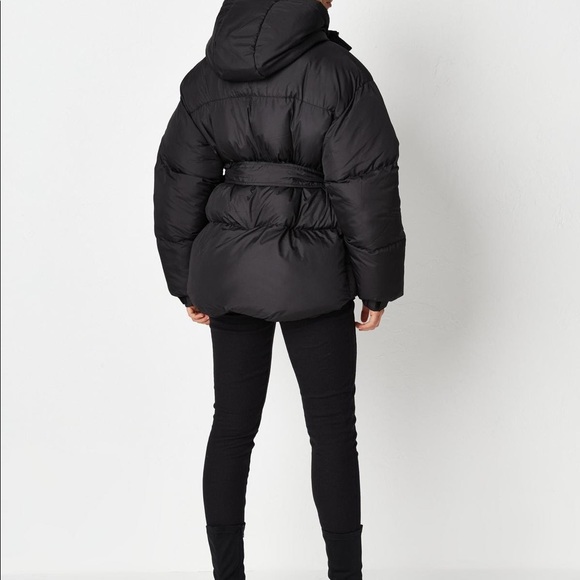 Black Puffer Coat with Belt and Front Pockets - Picture 4 of 5